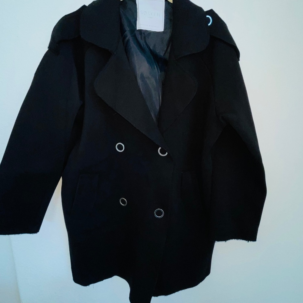 Sosken Studios Marisa Minicucci Black Double Breasted Raw Edge Coat Jacket
